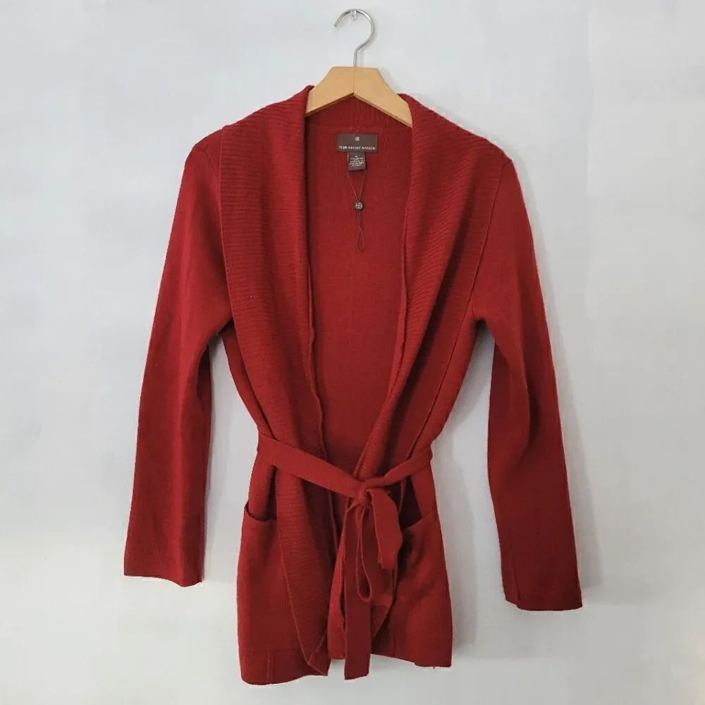 Fenn Wright Manson Knit Cardigan Sweater Belted Red Merino Wool Blend *Flaw* M